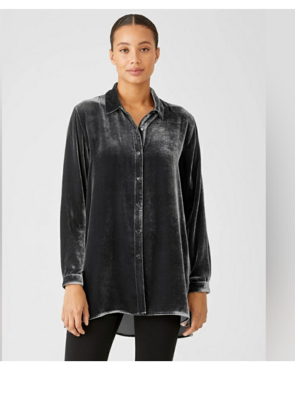 Eileen Fisher Long Silk Viscose Velvet Button Down Shirt  Petite Large